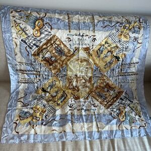 VNTG 100% SILK SCARF MASQERADE A VENICE ITALY HAND ROLLED EDGES- Blue Ivory